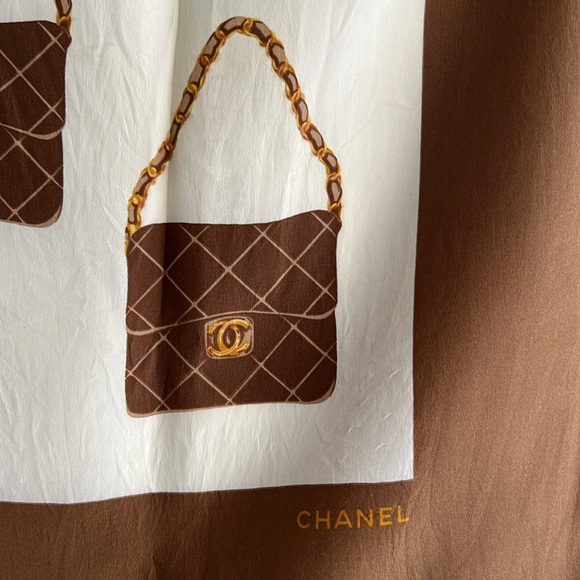 CHANEL Brown and Cream Classic Chanel Handbag Print Silk Scarf - Picture 9 of 9